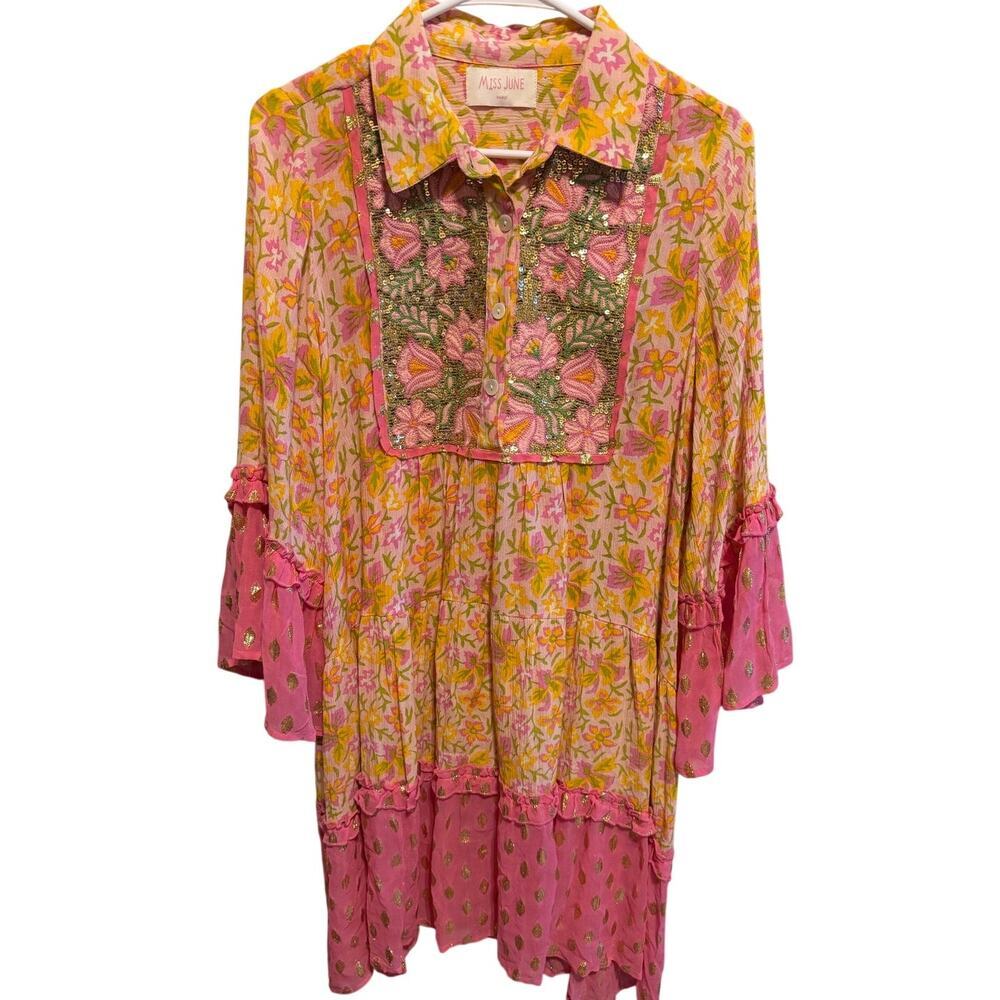 Miss June Paris Floral Midi Dress Pink Yellow Sequin Embroidery Boho Chic M/L